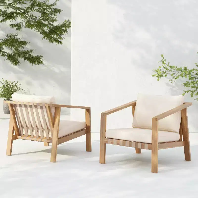 Christopher Knight Home Fraser Patio Slat Design Acacia Wood Club Chair with Cushion, Beige/Light Teak