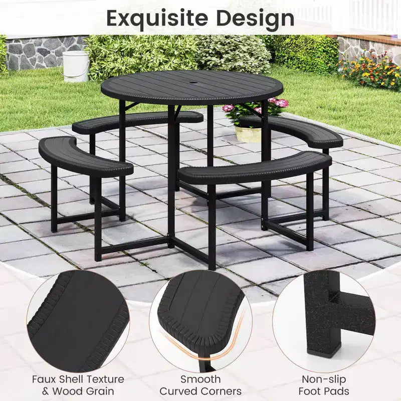 Costway Table de pique-nique ronde avec 4 bancs et trou pour parasol, plateau résistant aux intempéries blanc/vert/gris/noir