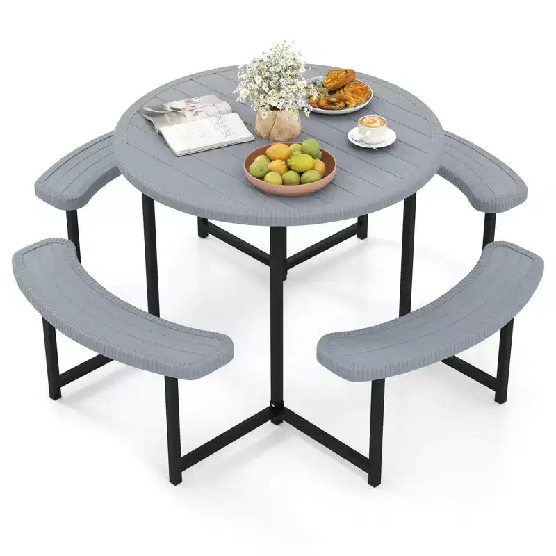 Costway Table de pique-nique ronde avec 4 bancs et trou pour parasol, plateau résistant aux intempéries blanc/vert/gris/noir