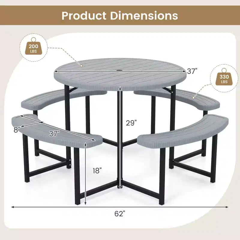 Costway Table de pique-nique ronde avec 4 bancs et trou pour parasol, plateau résistant aux intempéries blanc/vert/gris/noir