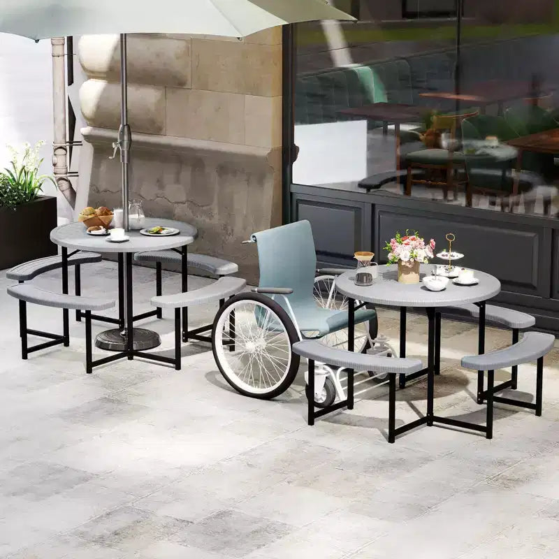 Costway Table de pique-nique ronde avec 4 bancs et trou pour parasol, plateau résistant aux intempéries blanc/vert/gris/noir