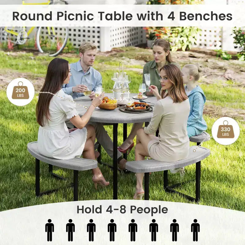 Costway Table de pique-nique ronde avec 4 bancs et trou pour parasol, plateau résistant aux intempéries blanc/vert/gris/noir