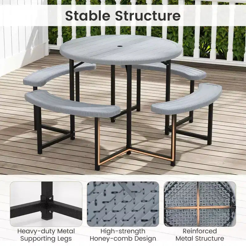 Costway Table de pique-nique ronde avec 4 bancs et trou pour parasol, plateau résistant aux intempéries blanc/vert/gris/noir