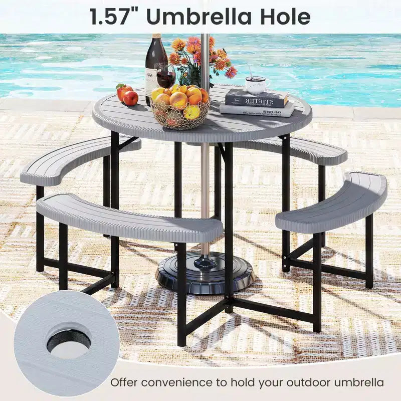 Costway Table de pique-nique ronde avec 4 bancs et trou pour parasol, plateau résistant aux intempéries blanc/vert/gris/noir