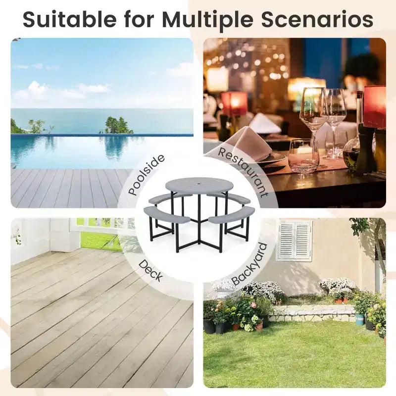 Costway Table de pique-nique ronde avec 4 bancs et trou pour parasol, plateau résistant aux intempéries blanc/vert/gris/noir