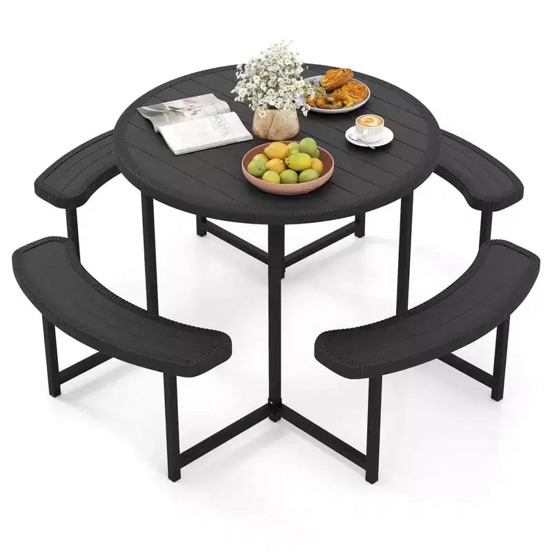 Costway Table de pique-nique ronde avec 4 bancs et trou pour parasol, plateau résistant aux intempéries blanc/vert/gris/noir