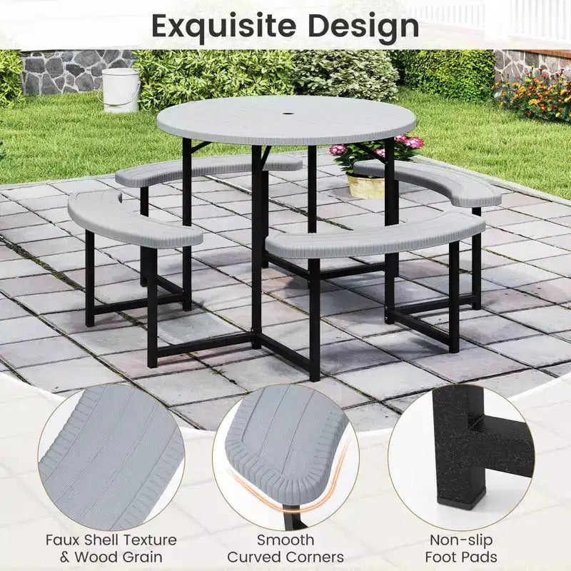 Costway Table de pique-nique ronde avec 4 bancs et trou pour parasol, plateau résistant aux intempéries blanc/vert/gris/noir