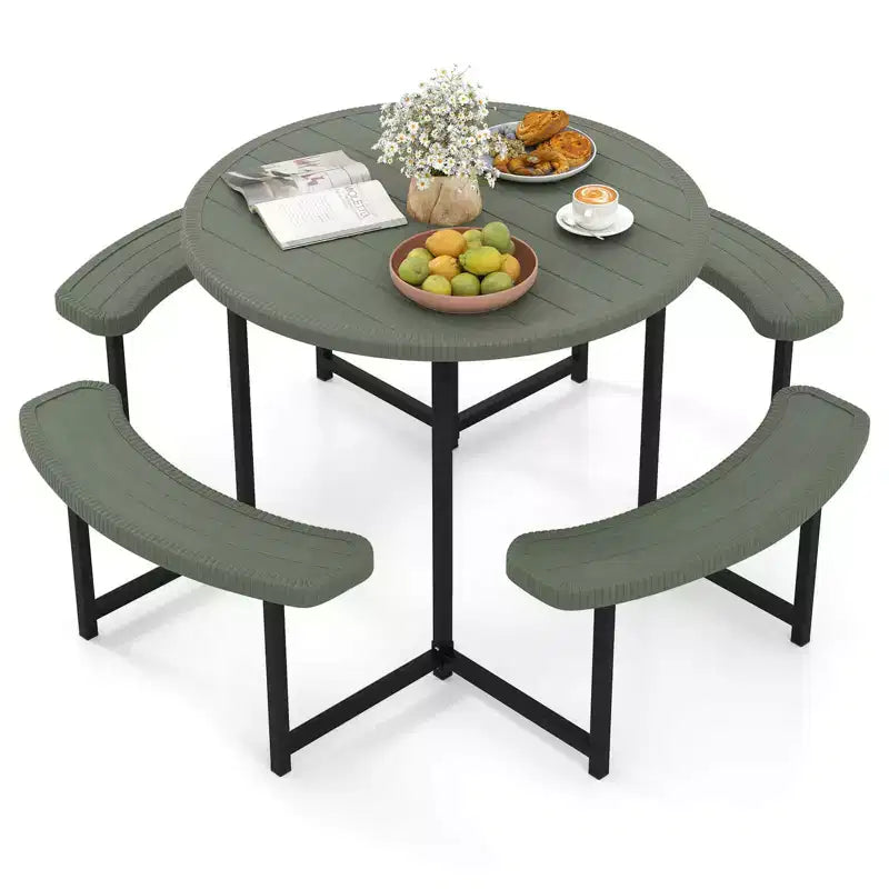 Costway Table de pique-nique ronde avec 4 bancs et trou pour parasol, plateau résistant aux intempéries blanc/vert/gris/noir