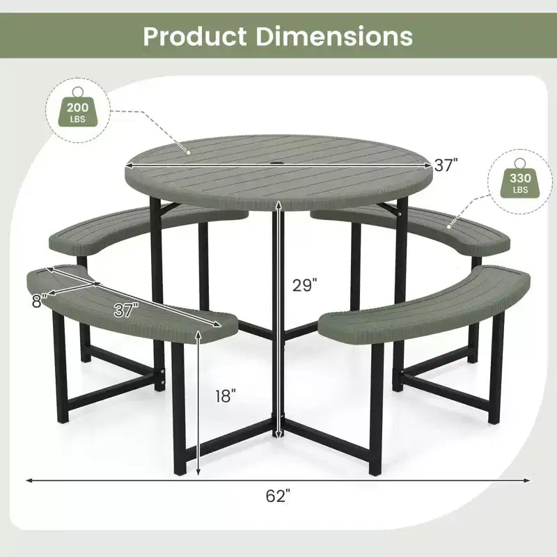 Costway Table de pique-nique ronde avec 4 bancs et trou pour parasol, plateau résistant aux intempéries blanc/vert/gris/noir