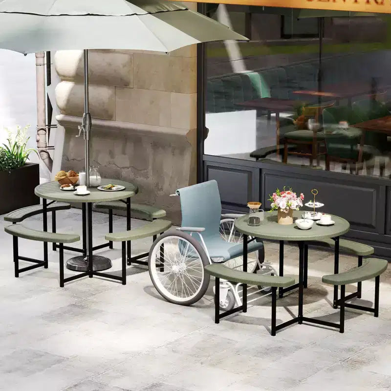 Costway Table de pique-nique ronde avec 4 bancs et trou pour parasol, plateau résistant aux intempéries blanc/vert/gris/noir
