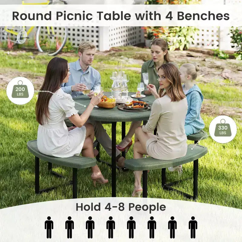 Costway Table de pique-nique ronde avec 4 bancs et trou pour parasol, plateau résistant aux intempéries blanc/vert/gris/noir