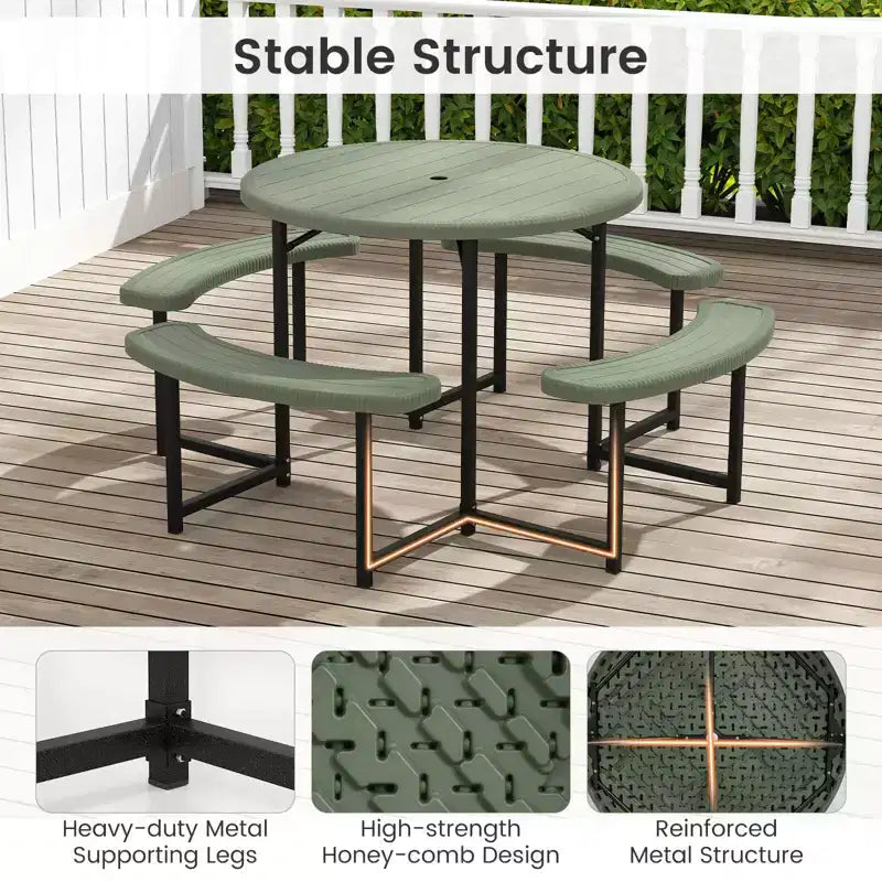 Costway Table de pique-nique ronde avec 4 bancs et trou pour parasol, plateau résistant aux intempéries blanc/vert/gris/noir