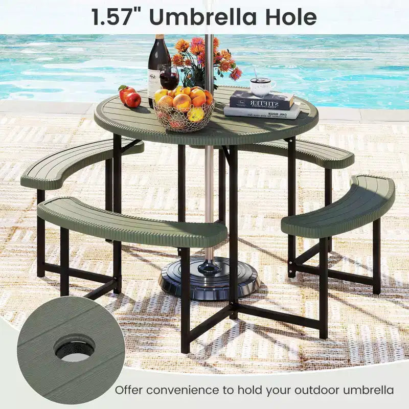 Costway Table de pique-nique ronde avec 4 bancs et trou pour parasol, plateau résistant aux intempéries blanc/vert/gris/noir