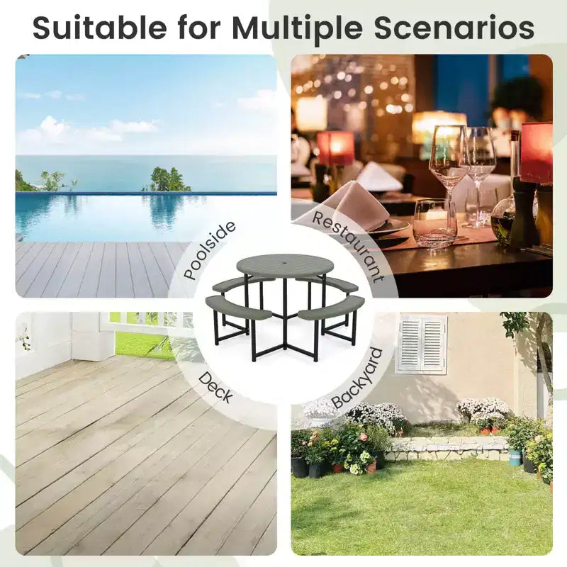Costway Table de pique-nique ronde avec 4 bancs et trou pour parasol, plateau résistant aux intempéries blanc/vert/gris/noir