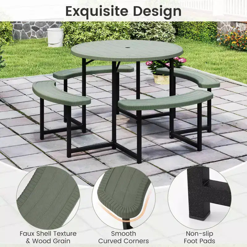 Costway Table de pique-nique ronde avec 4 bancs et trou pour parasol, plateau résistant aux intempéries blanc/vert/gris/noir