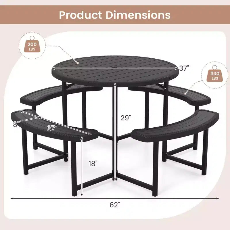 Costway Table de pique-nique ronde avec 4 bancs et trou pour parasol, plateau résistant aux intempéries blanc/vert/gris/noir