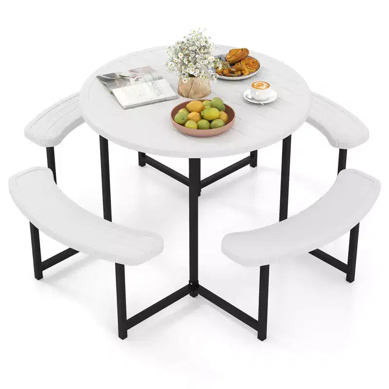 Costway Table de pique-nique ronde avec 4 bancs et trou pour parasol, plateau résistant aux intempéries blanc/vert/gris/noir