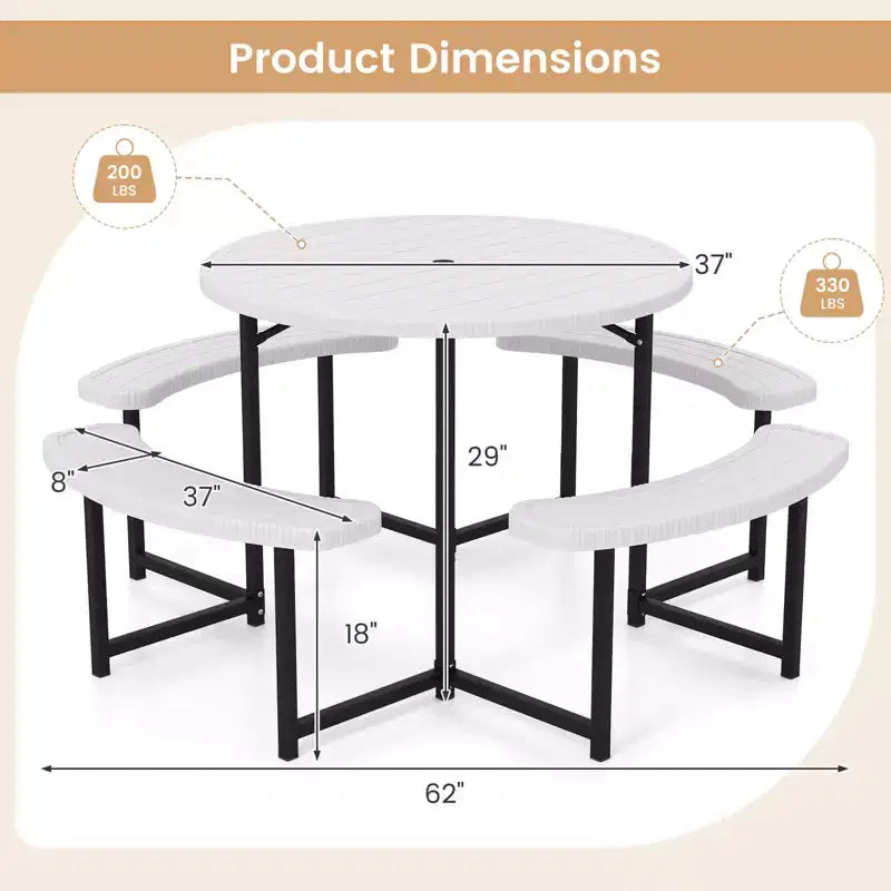 Costway Table de pique-nique ronde avec 4 bancs et trou pour parasol, plateau résistant aux intempéries blanc/vert/gris/noir