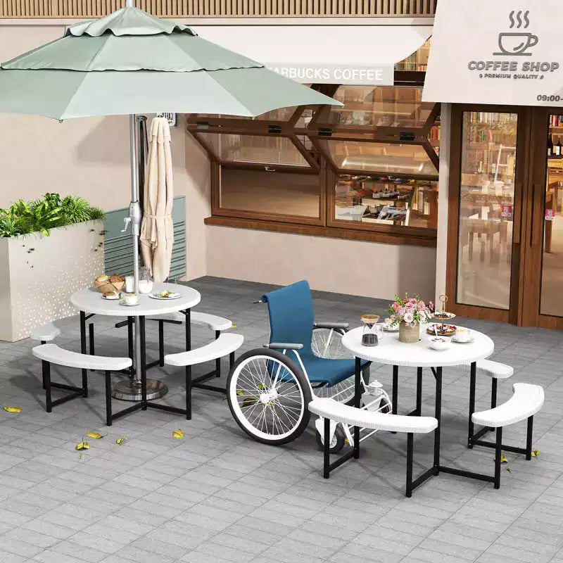 Costway Table de pique-nique ronde avec 4 bancs et trou pour parasol, plateau résistant aux intempéries blanc/vert/gris/noir