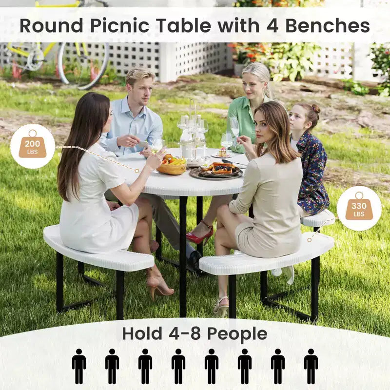 Costway Table de pique-nique ronde avec 4 bancs et trou pour parasol, plateau résistant aux intempéries blanc/vert/gris/noir