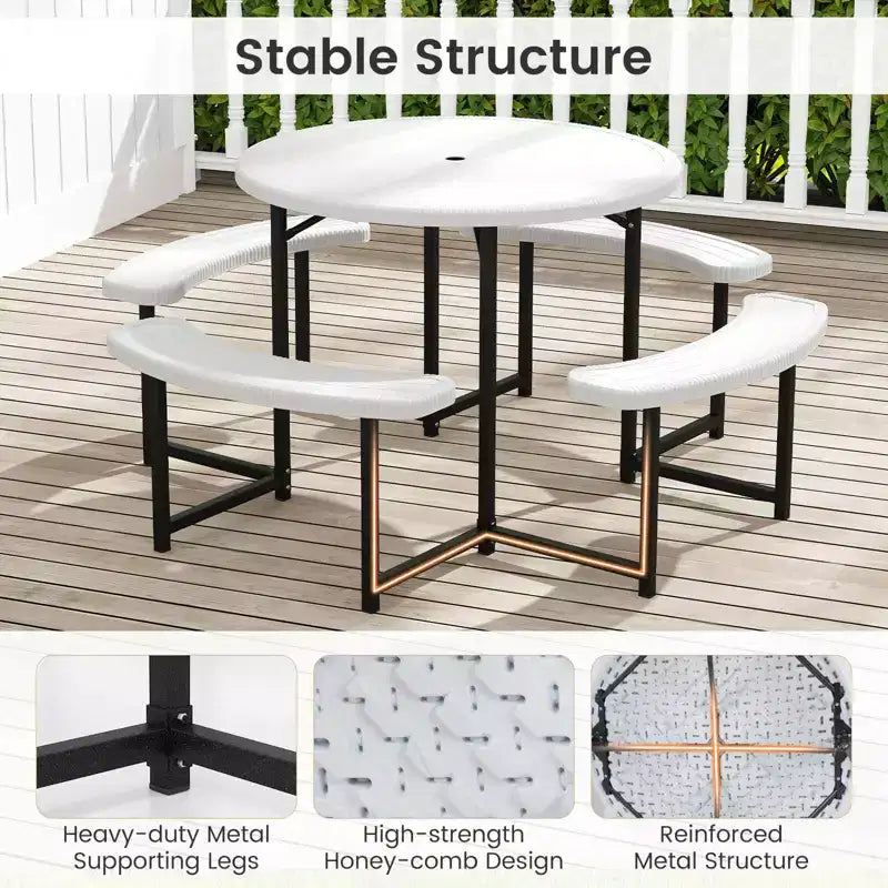 Costway Table de pique-nique ronde avec 4 bancs et trou pour parasol, plateau résistant aux intempéries blanc/vert/gris/noir