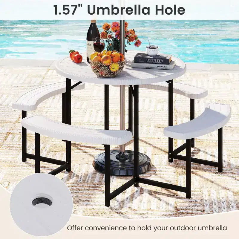 Costway Table de pique-nique ronde avec 4 bancs et trou pour parasol, plateau résistant aux intempéries blanc/vert/gris/noir