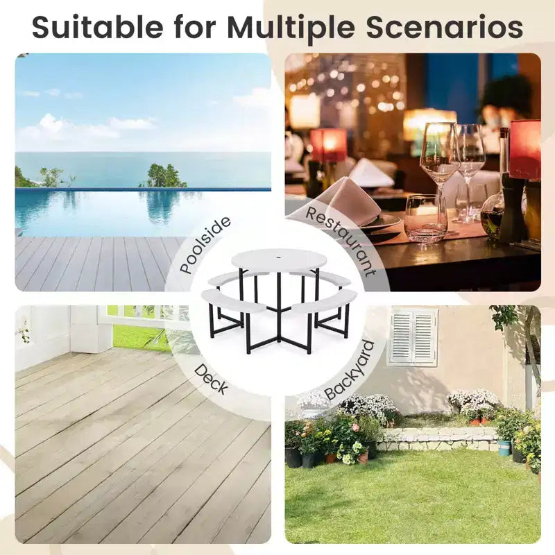 Costway Table de pique-nique ronde avec 4 bancs et trou pour parasol, plateau résistant aux intempéries blanc/vert/gris/noir