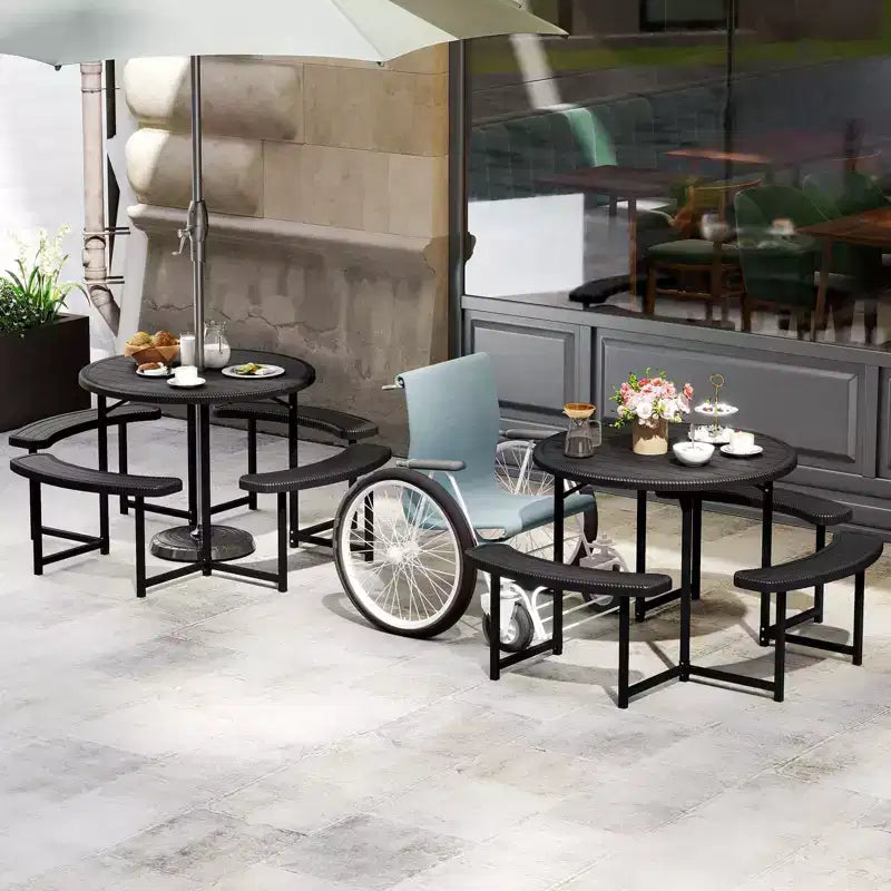 Costway Table de pique-nique ronde avec 4 bancs et trou pour parasol, plateau résistant aux intempéries blanc/vert/gris/noir