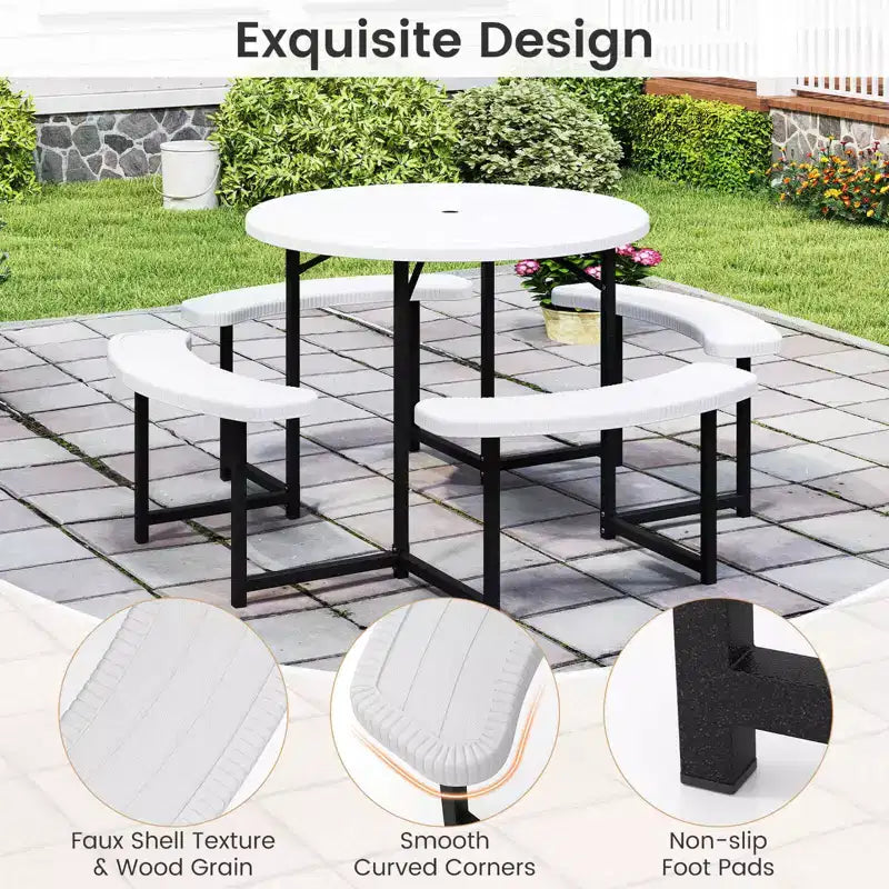 Costway Table de pique-nique ronde avec 4 bancs et trou pour parasol, plateau résistant aux intempéries blanc/vert/gris/noir