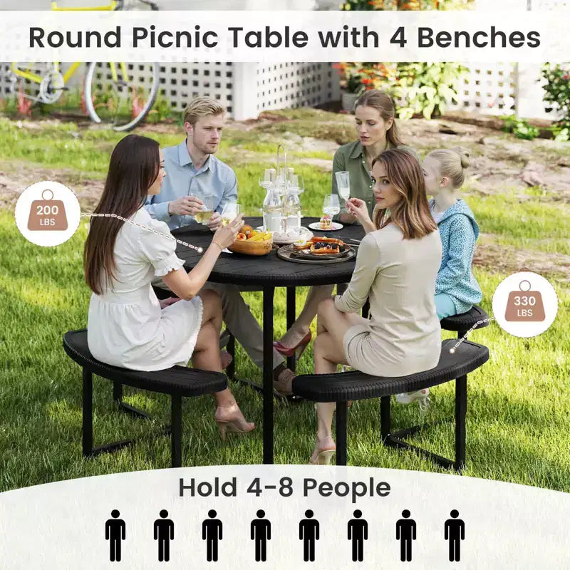 Costway Table de pique-nique ronde avec 4 bancs et trou pour parasol, plateau résistant aux intempéries blanc/vert/gris/noir