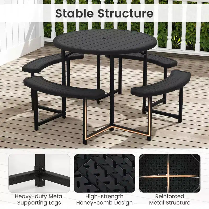 Costway Table de pique-nique ronde avec 4 bancs et trou pour parasol, plateau résistant aux intempéries blanc/vert/gris/noir