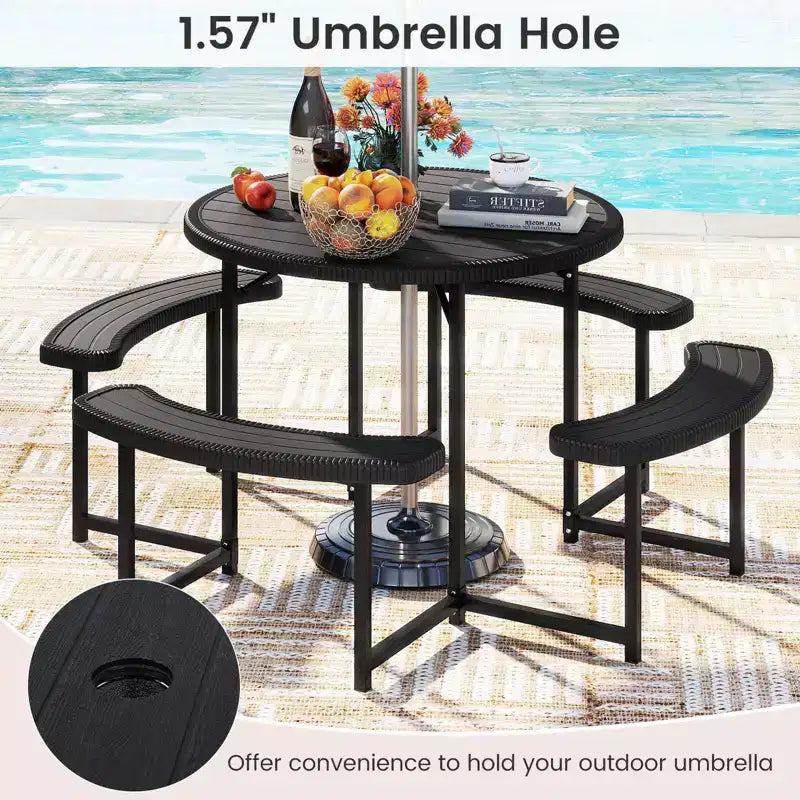 Costway Table de pique-nique ronde avec 4 bancs et trou pour parasol, plateau résistant aux intempéries blanc/vert/gris/noir