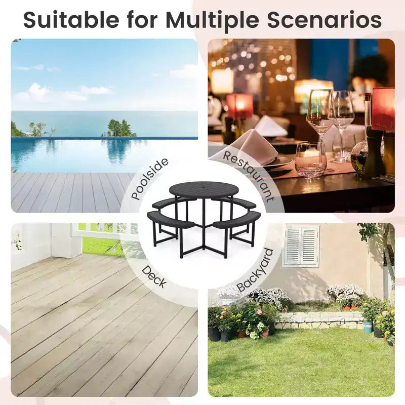 Costway Table de pique-nique ronde avec 4 bancs et trou pour parasol, plateau résistant aux intempéries blanc/vert/gris/noir