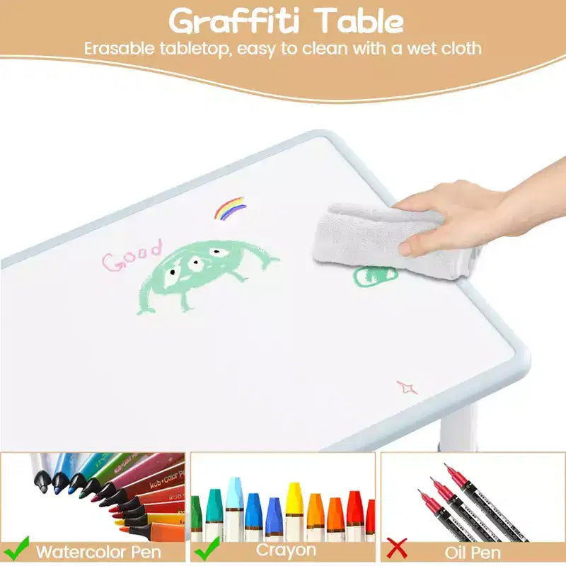 Ensemble table et 4 chaises pour enfants avec plateau en aggloméré, pieds antidérapants, facile à nettoyer, réglable en hauteur, durable et robuste pour les 2-10 ans