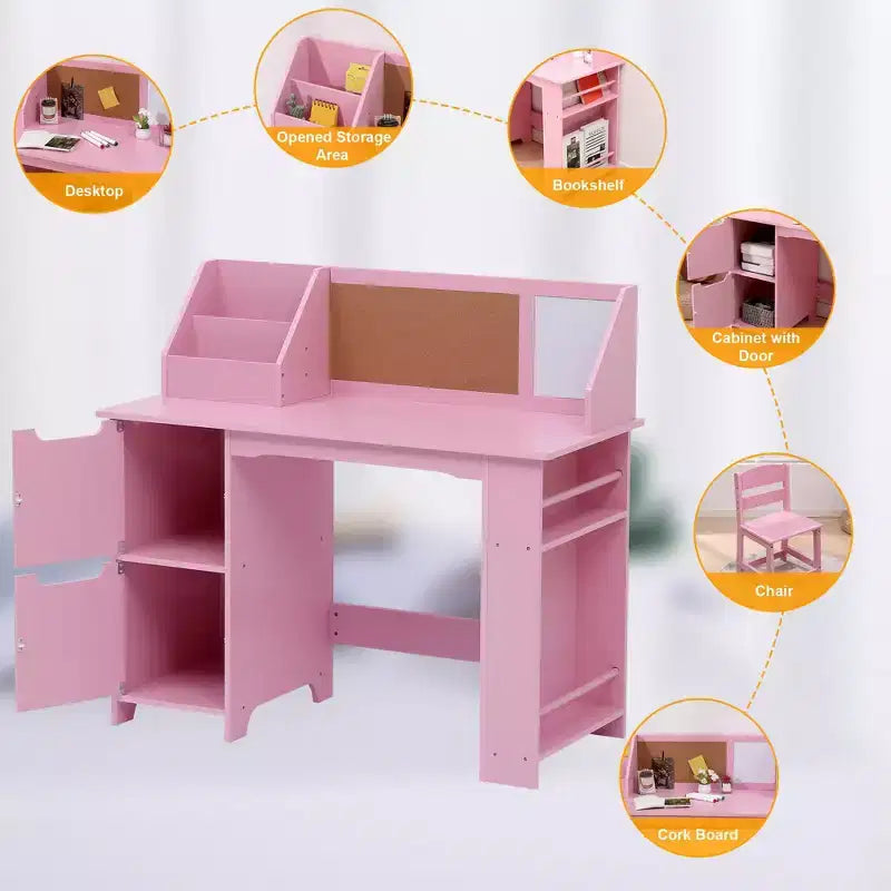 Kids Study Desk & Chair Set with Bookshelf & Bulletin Board - White Writing Table, Storage Cabinets, for Ages 3-8