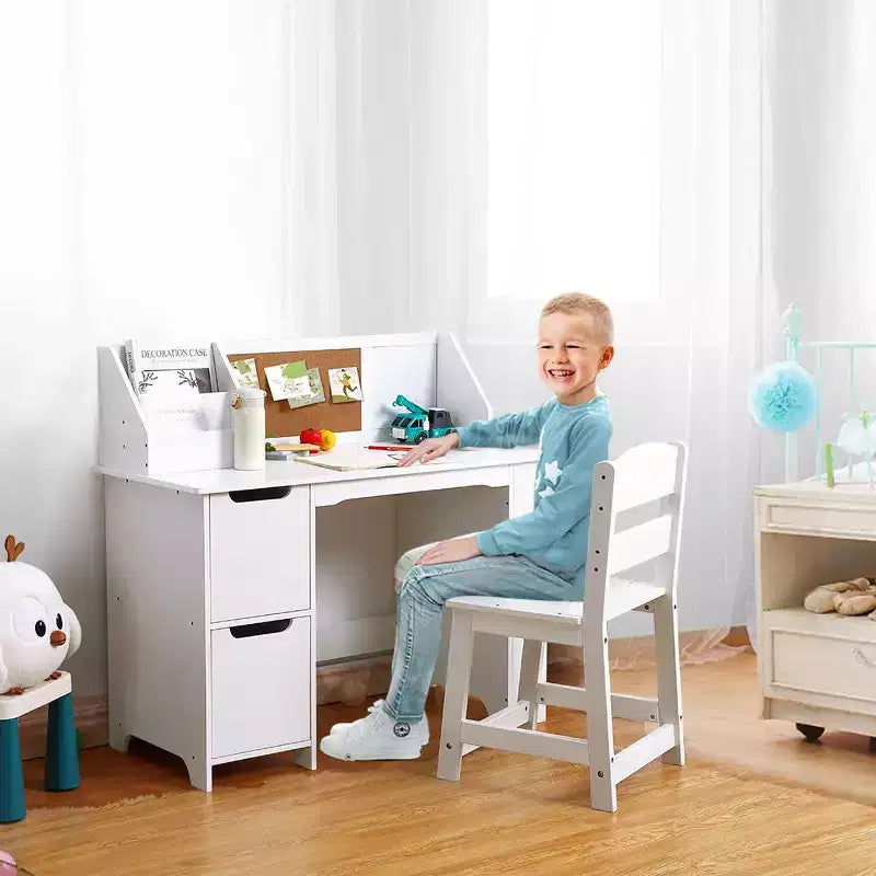 Bureau d'étude et chaise pour enfants avec étagère et tableau d'affichage - Table d'écriture blanche, meubles de rangement, pour les 3-8 ans