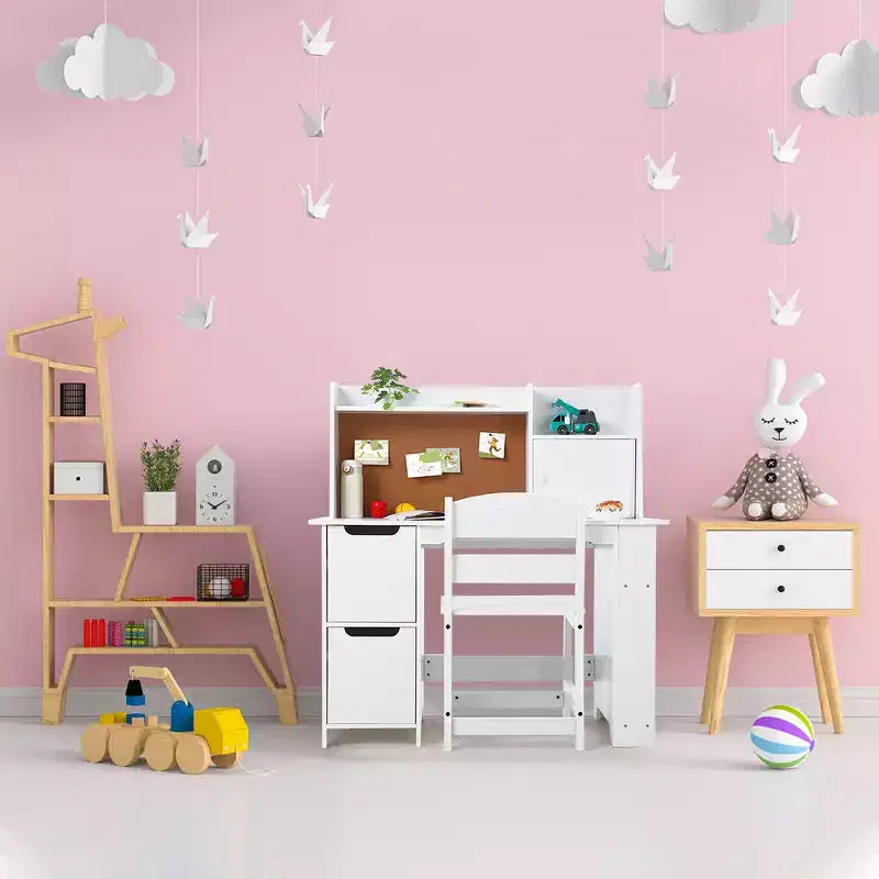 Bureau et chaise en bois pour enfants avec étagère de rangement et tableau d'affichage – Bureau d'étude blanc durable pour les 3 ans et plus