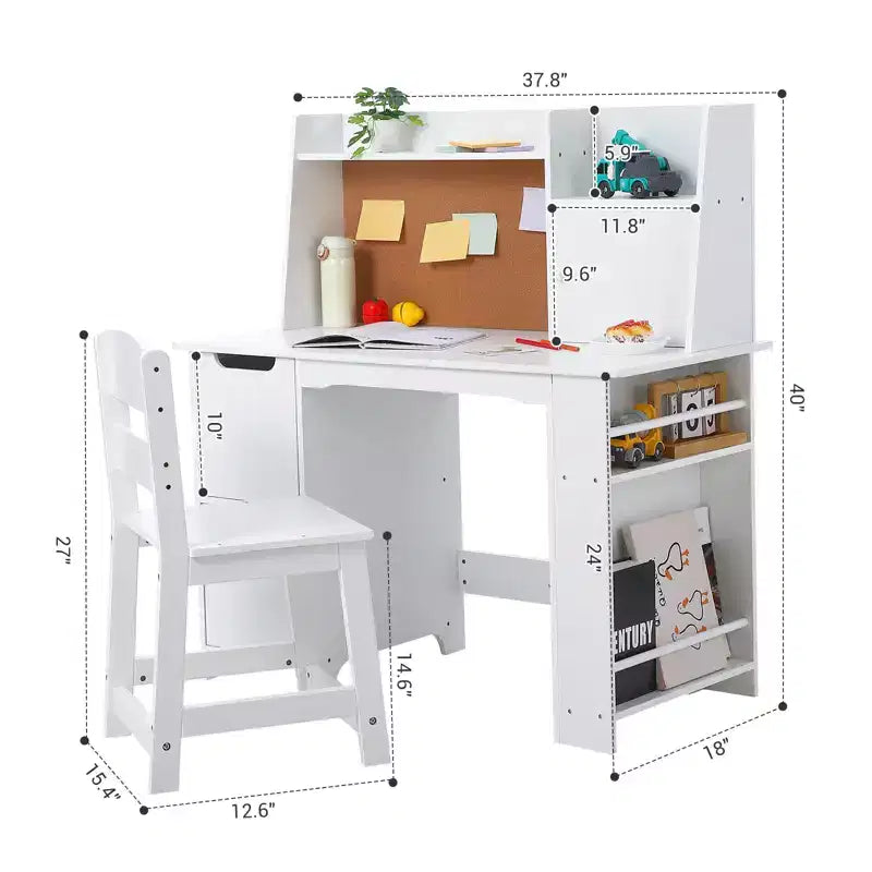 Bureau et chaise en bois pour enfants avec étagère de rangement et tableau d'affichage – Bureau d'étude blanc durable pour les 3 ans et plus