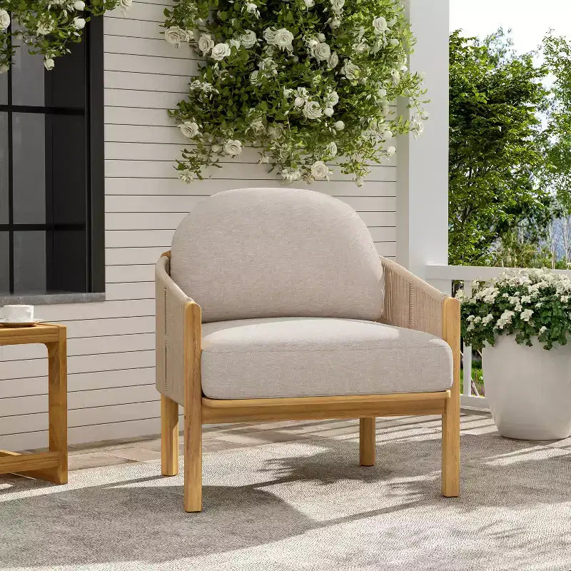 Christopher Knight Home Tatum Fauteuil de jardin en bois d'acacia avec dossier en corde tressée et coussins