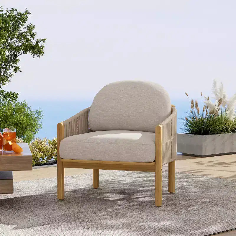 Christopher Knight Home Tatum Outdoor Acacia Wood Club Chair with Woven Rope Backrest and Cushions