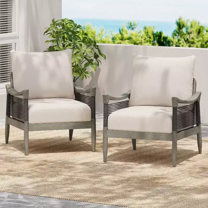 Christopher Knight Home Amos - Chaises de club d'extérieur en bois d'acacia et corde tressée avec coussin épais (lot de 2)