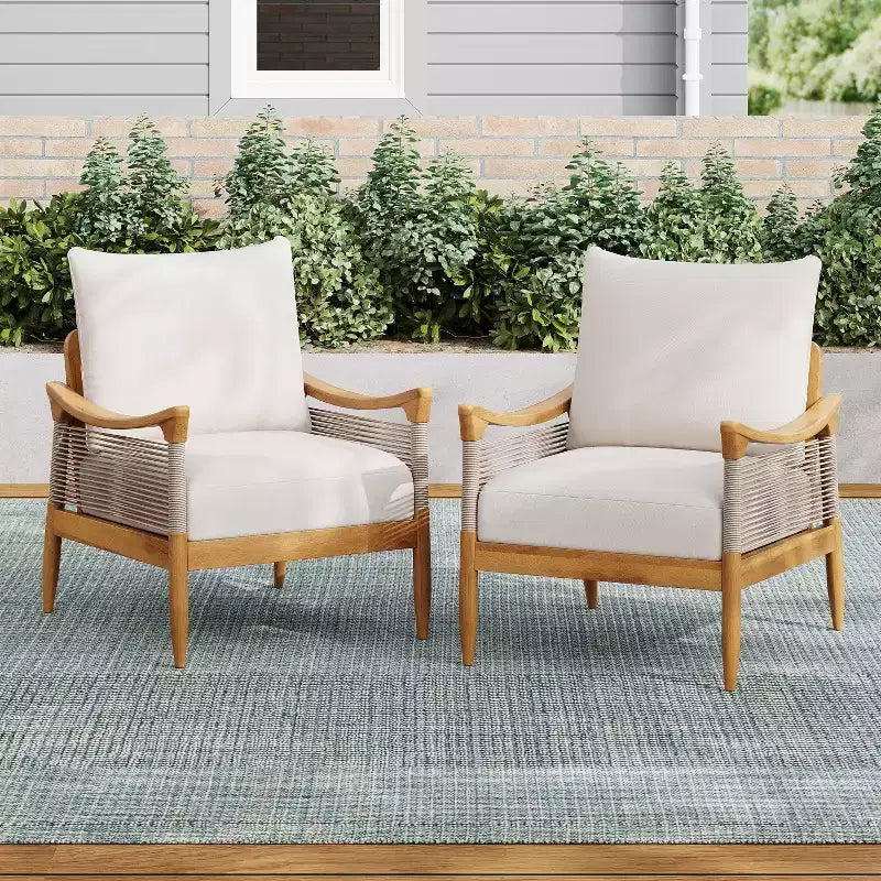 Christopher Knight Home Amos - Chaises de club d'extérieur en bois d'acacia et corde tressée avec coussin épais (lot de 2)