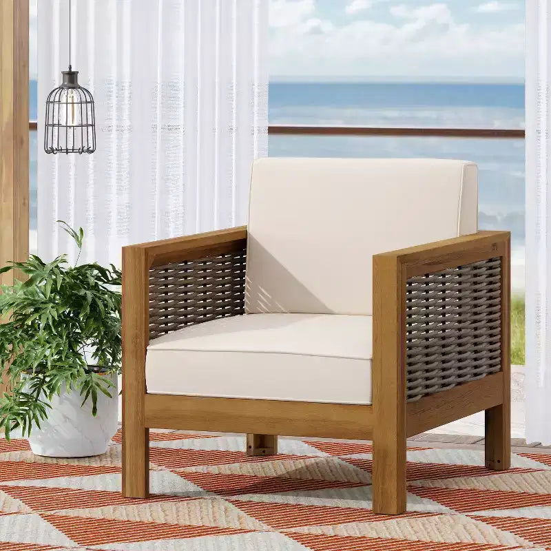 Okak Patio Accent Chairs with Wicker Frame,Set of 1/3,Upholstered Outdoor Armchair Acacia Club Chair for Backyard,Patio&Garden,400lbs Max