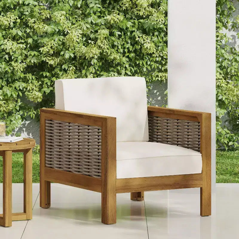 Fauteuils d'appoint Okak Patio avec cadre en osier, lot de 1/3, fauteuil de jardin rembourré en acacia pour arrière-cour, patio et jardin, charge maximale de 180 kg