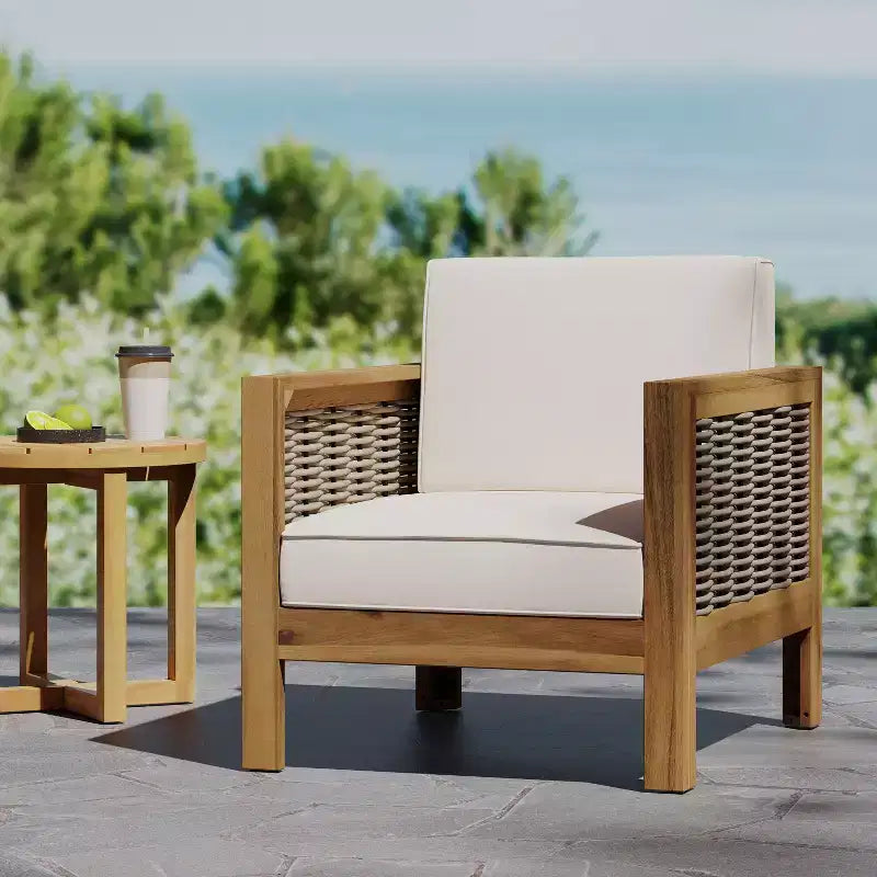 Fauteuils d'appoint Okak Patio avec cadre en osier, lot de 1/3, fauteuil de jardin rembourré en acacia pour arrière-cour, patio et jardin, charge maximale de 180 kg