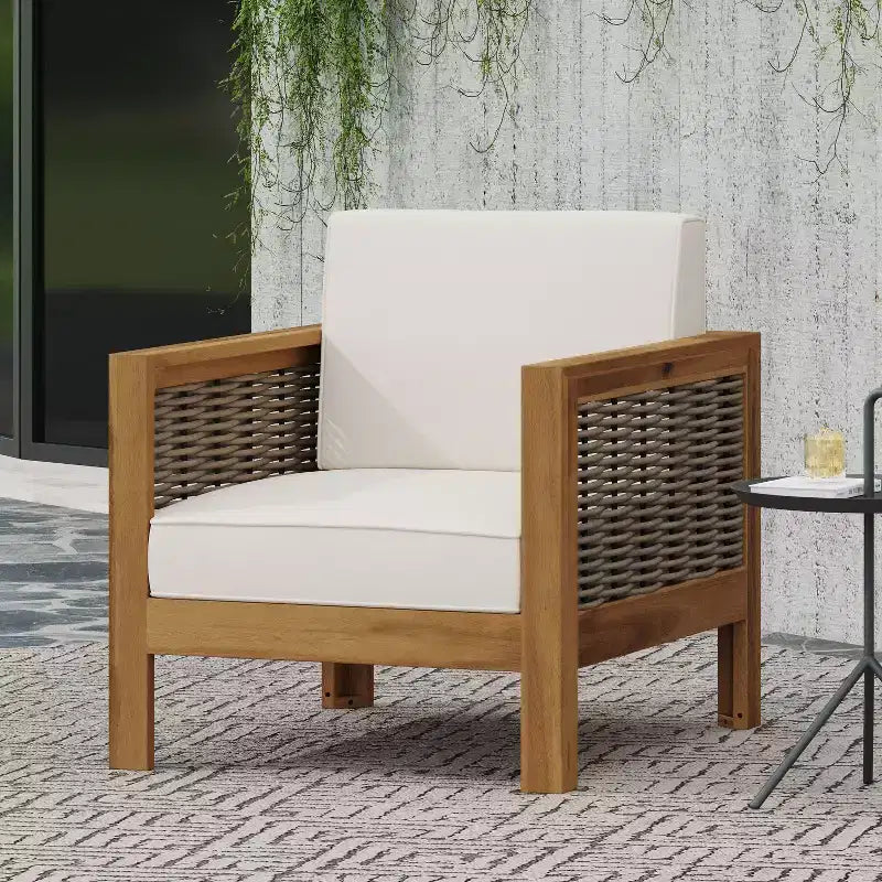 Fauteuils d'appoint Okak Patio avec cadre en osier, lot de 1/3, fauteuil de jardin rembourré en acacia pour arrière-cour, patio et jardin, charge maximale de 180 kg