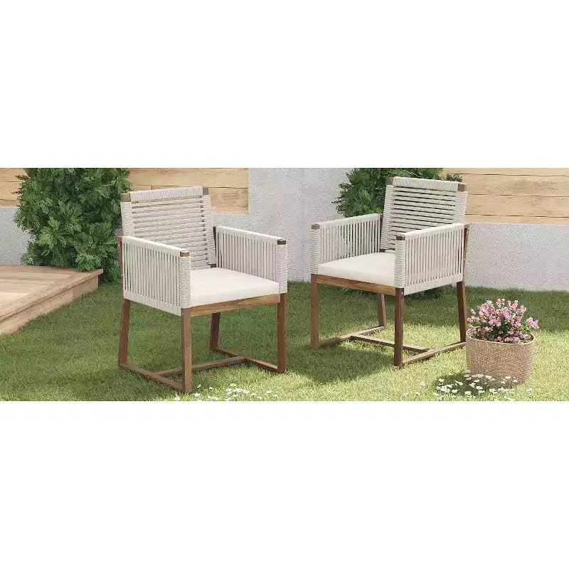 Okak Chaises d'appoint d'extérieur Bohème en Acacia Chaises de salle à manger en corde tressée,Lot de 2,Fauteuils de patio avec coussin lavable pour le jardin,Charge maximale 180 kg