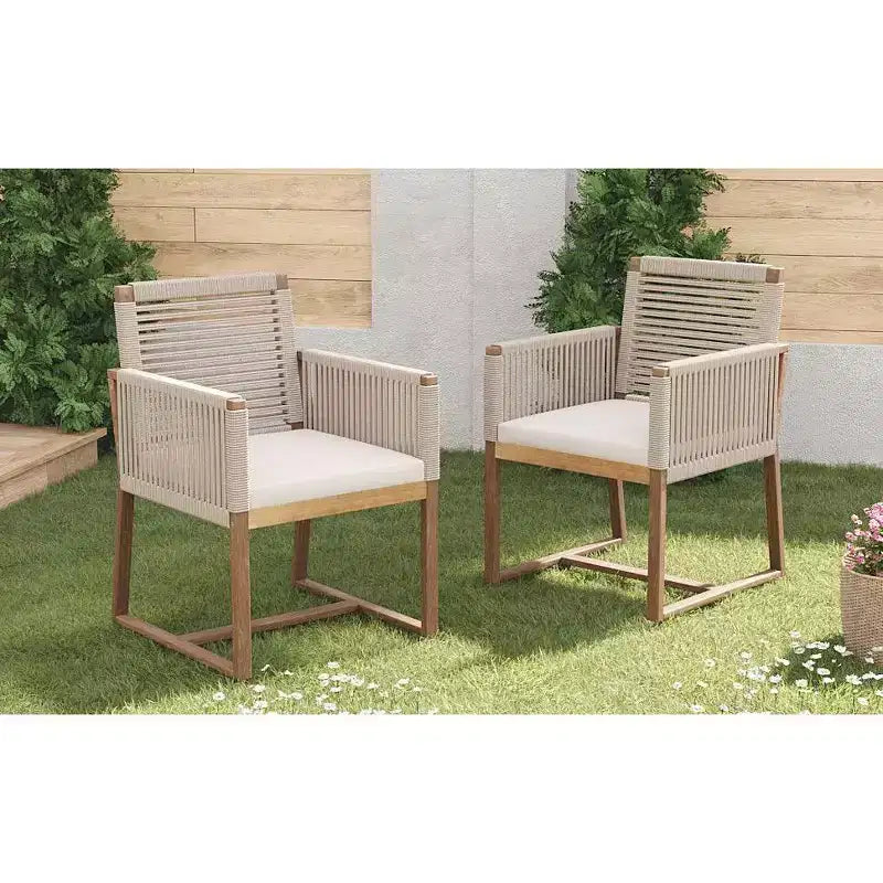 Okak Chaises d'appoint d'extérieur Bohème en Acacia Chaises de salle à manger en corde tressée,Lot de 2,Fauteuils de patio avec coussin lavable pour le jardin,Charge maximale 180 kg