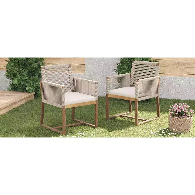 Okak Chaises d'appoint d'extérieur Bohème en Acacia Chaises de salle à manger en corde tressée,Lot de 2,Fauteuils de patio avec coussin lavable pour le jardin,Charge maximale 180 kg