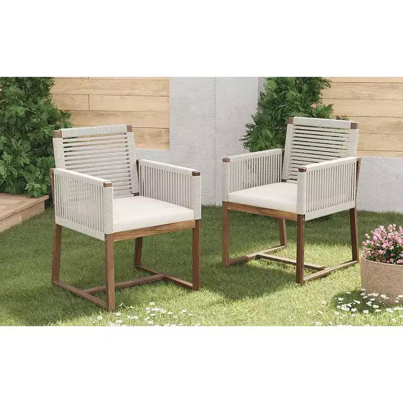 Okak Chaises d'appoint d'extérieur Bohème en Acacia Chaises de salle à manger en corde tressée,Lot de 2,Fauteuils de patio avec coussin lavable pour le jardin,Charge maximale 180 kg